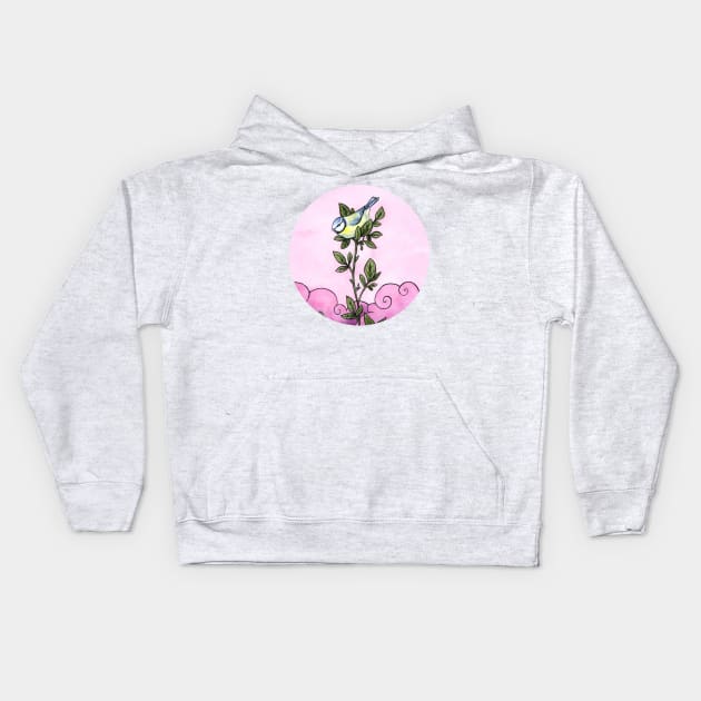 Blue tit in the pink sky Kids Hoodie by Ellen Wilberg